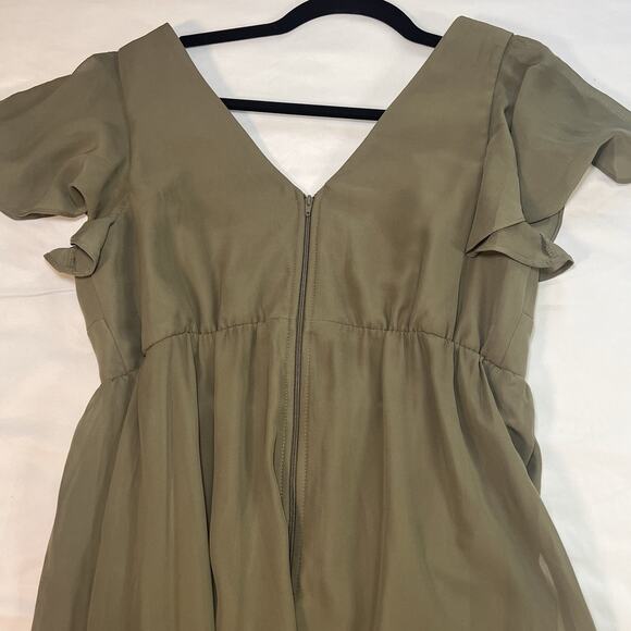 Birdy Grey Hannah Dress Size M Olive Green Chiffon Sage Empire Flutter Sleeves - Picture 13 of 15